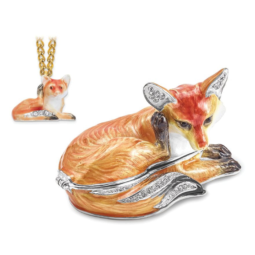 Luxury Giftware Pewter Bejeweled Crystals Silver-tone Enameled EINSTEIN Red Fox Trinket Box with Matching 18 Inch Necklace