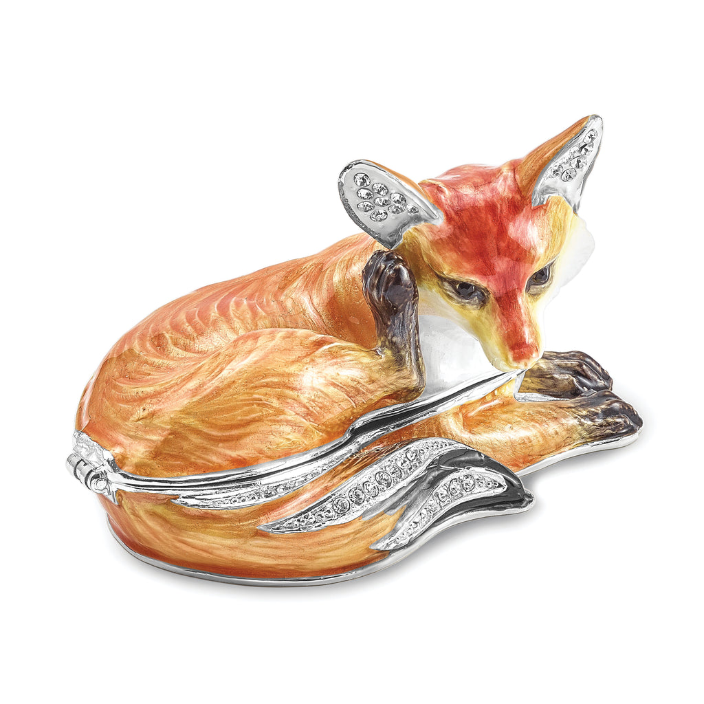 Luxury Giftware Pewter Bejeweled Crystals Silver-tone Enameled EINSTEIN Red Fox Trinket Box with Matching 18 Inch Necklace