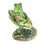 Luxury Giftware Pewter Bejeweled Crystals Gold-tone Enameled LILLY Frog on Lily Pad Trinket Box with Matching 18 Inch Necklace