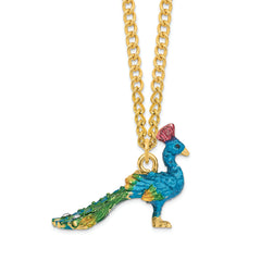 Luxury Giftware by Jere Pewter Bejeweled Crystals Gold-tone Enameled TAYLOR Blue Peacock Trinket Box with Matching 18 Inch Necklace