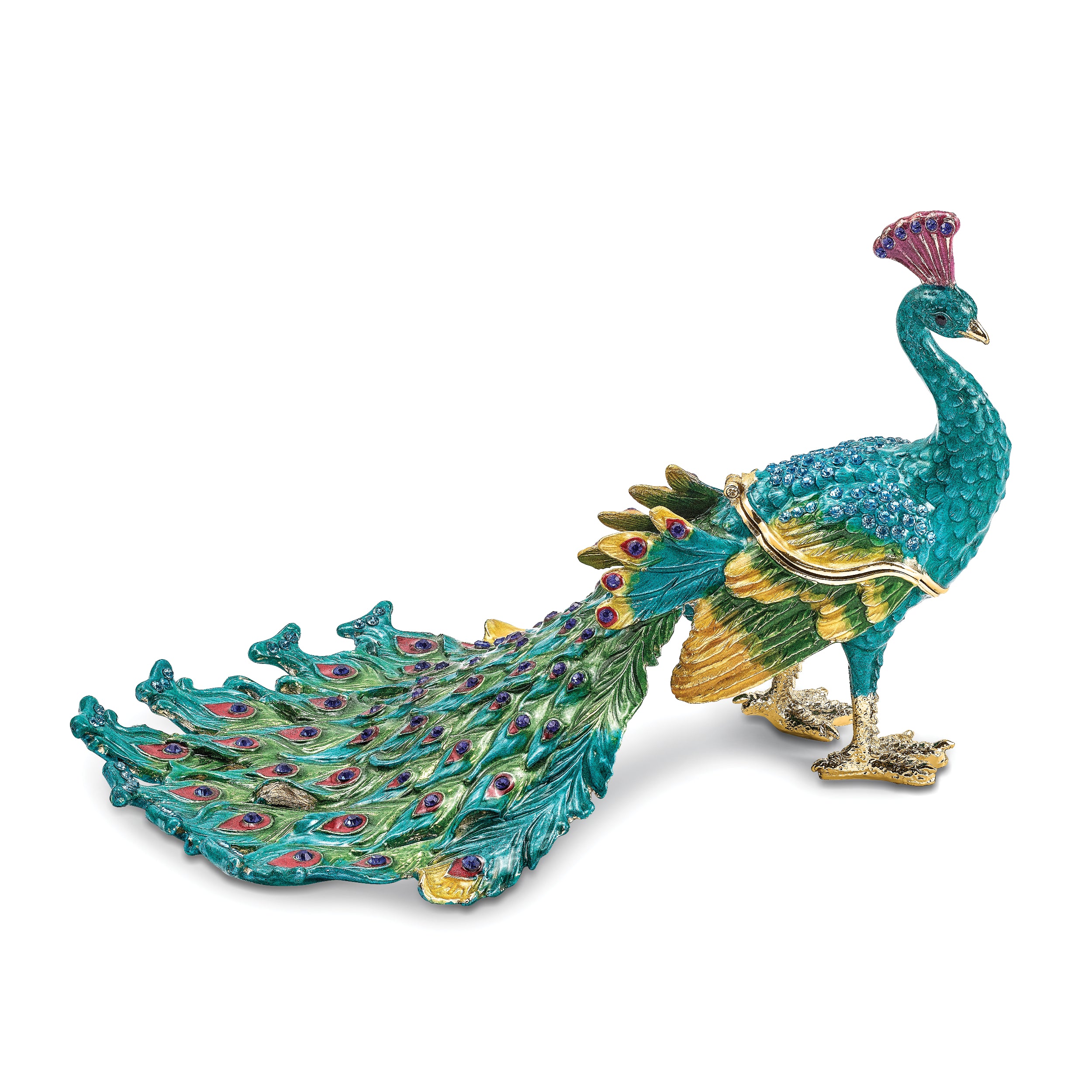Luxury Giftware by Jere Pewter Bejeweled Crystals Gold-tone Enameled TAYLOR Blue Peacock Trinket Box with Matching 18 Inch Necklace