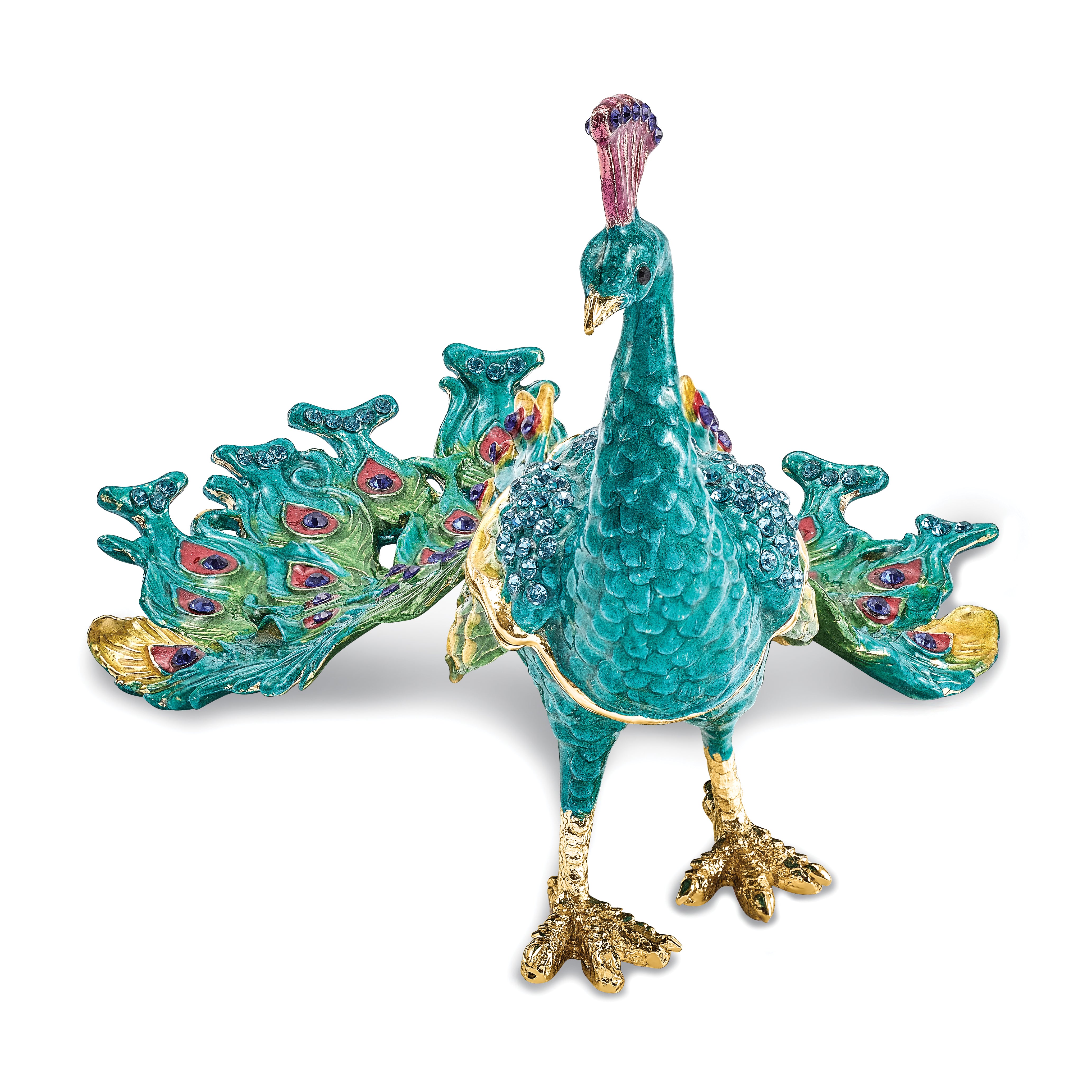 Luxury Giftware by Jere Pewter Bejeweled Crystals Gold-tone Enameled TAYLOR Blue Peacock Trinket Box with Matching 18 Inch Necklace