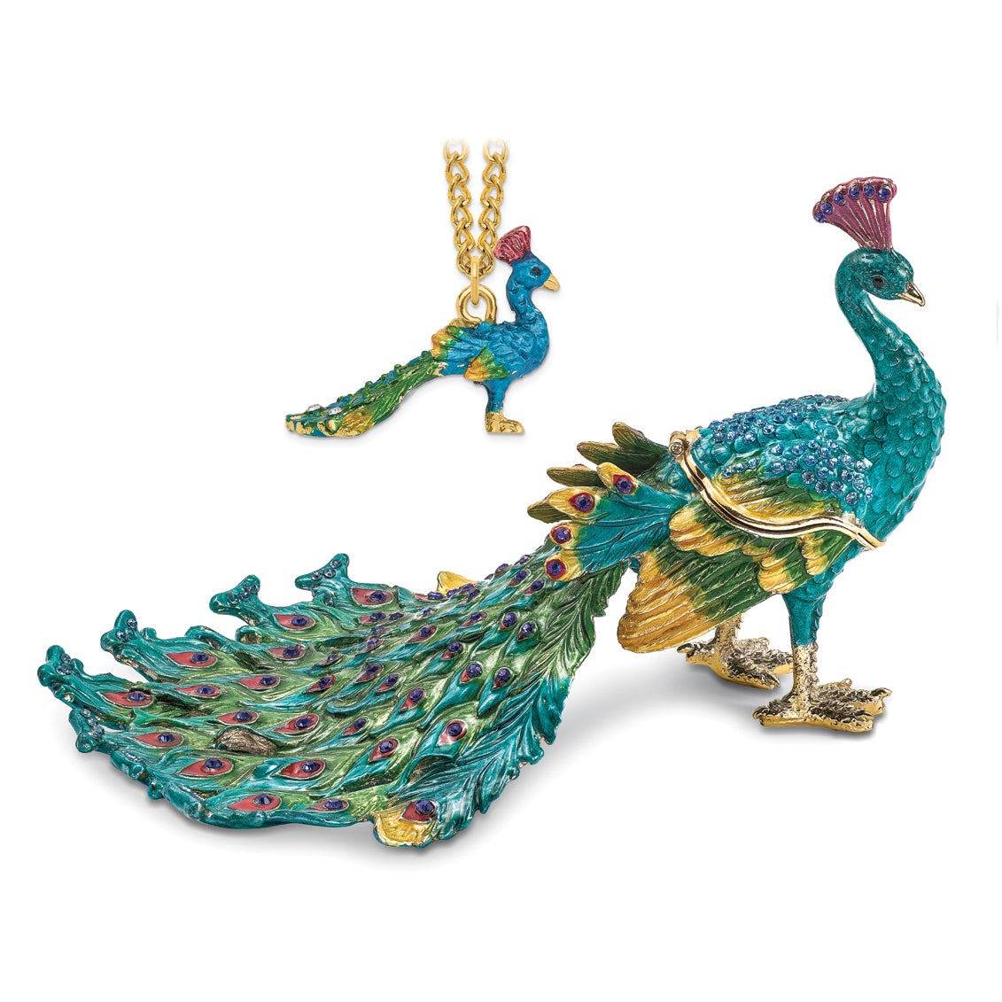 Luxury Giftware by Jere Pewter Bejeweled Crystals Gold-tone Enameled TAYLOR Blue Peacock Trinket Box with Matching 18 Inch Necklace