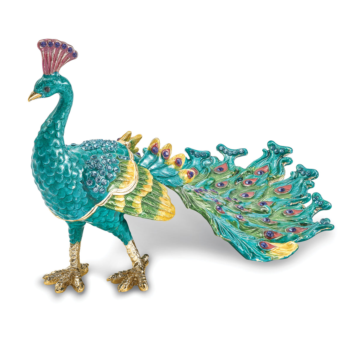 Luxury Giftware by Jere Pewter Bejeweled Crystals Gold-tone Enameled TAYLOR Blue Peacock Trinket Box with Matching 18 Inch Necklace