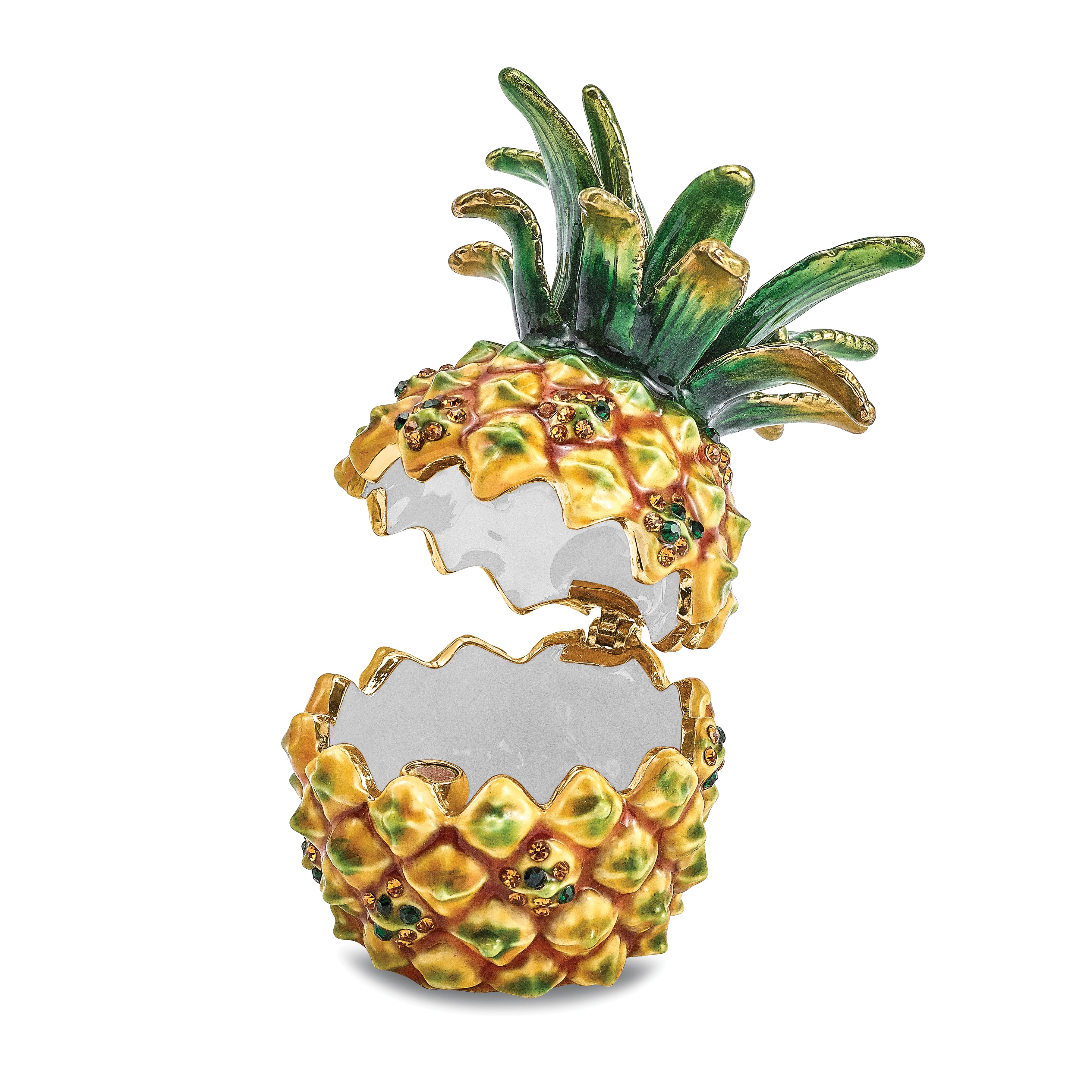 Luxury Giftware by Jere Pewter Bejeweled Crystals Gold-tone Enameled GOOD VIBES Golden Pineapple Trinket Box with Matching 18 Inch Necklace