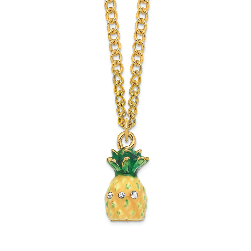 Luxury Giftware by Jere Pewter Bejeweled Crystals Gold-tone Enameled GOOD VIBES Golden Pineapple Trinket Box with Matching 18 Inch Necklace