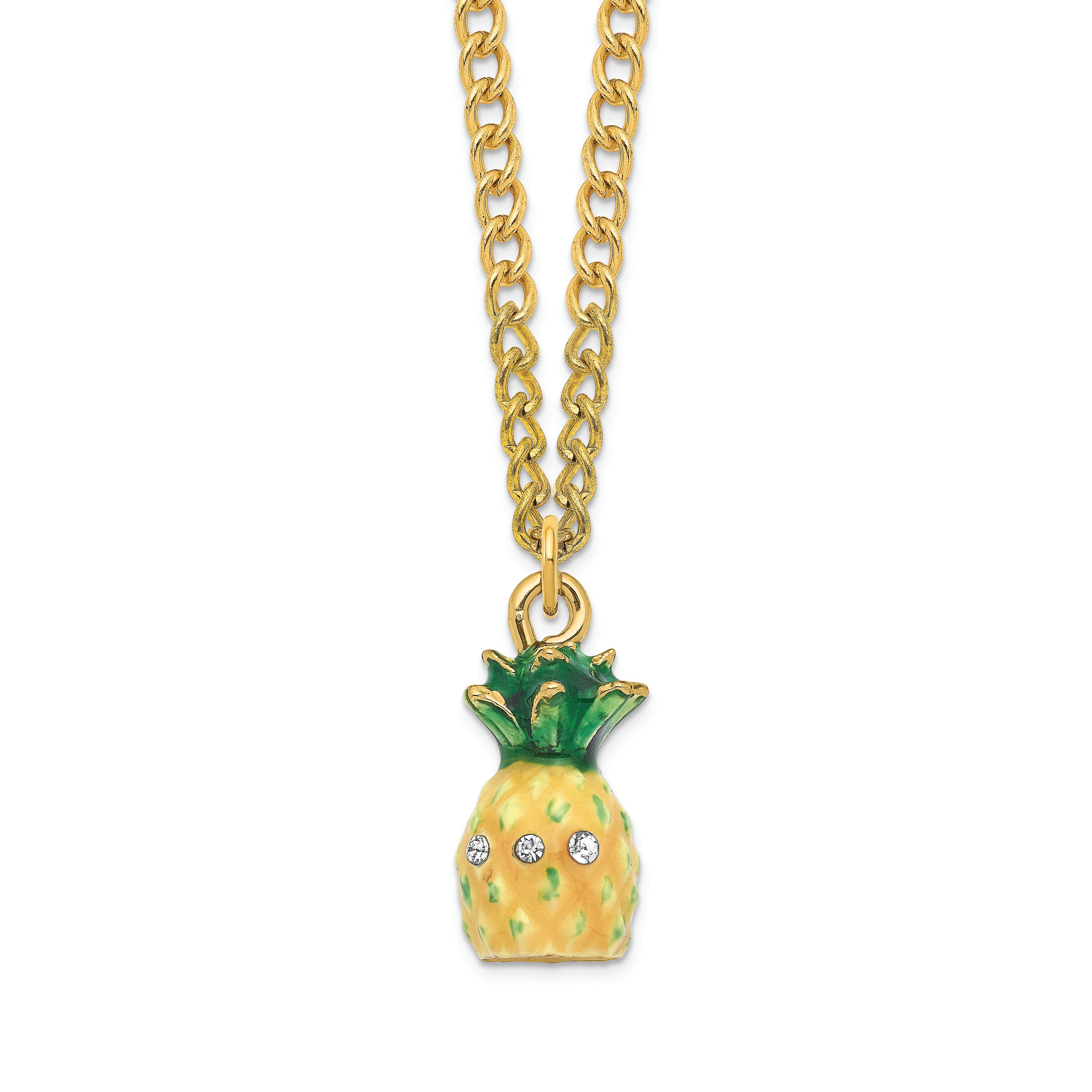 Luxury Giftware by Jere Pewter Bejeweled Crystals Gold-tone Enameled GOOD VIBES Golden Pineapple Trinket Box with Matching 18 Inch Necklace