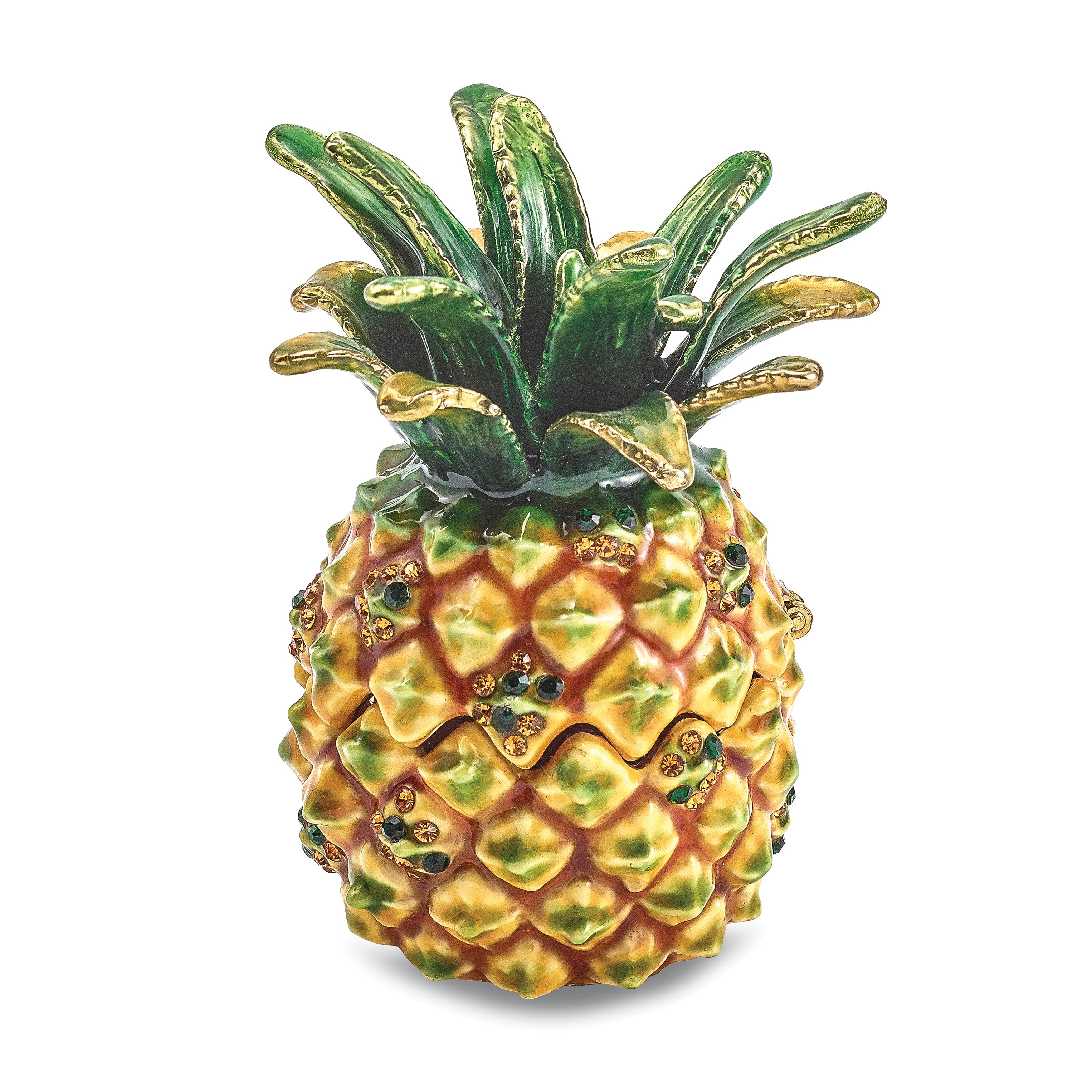 Luxury Giftware by Jere Pewter Bejeweled Crystals Gold-tone Enameled GOOD VIBES Golden Pineapple Trinket Box with Matching 18 Inch Necklace