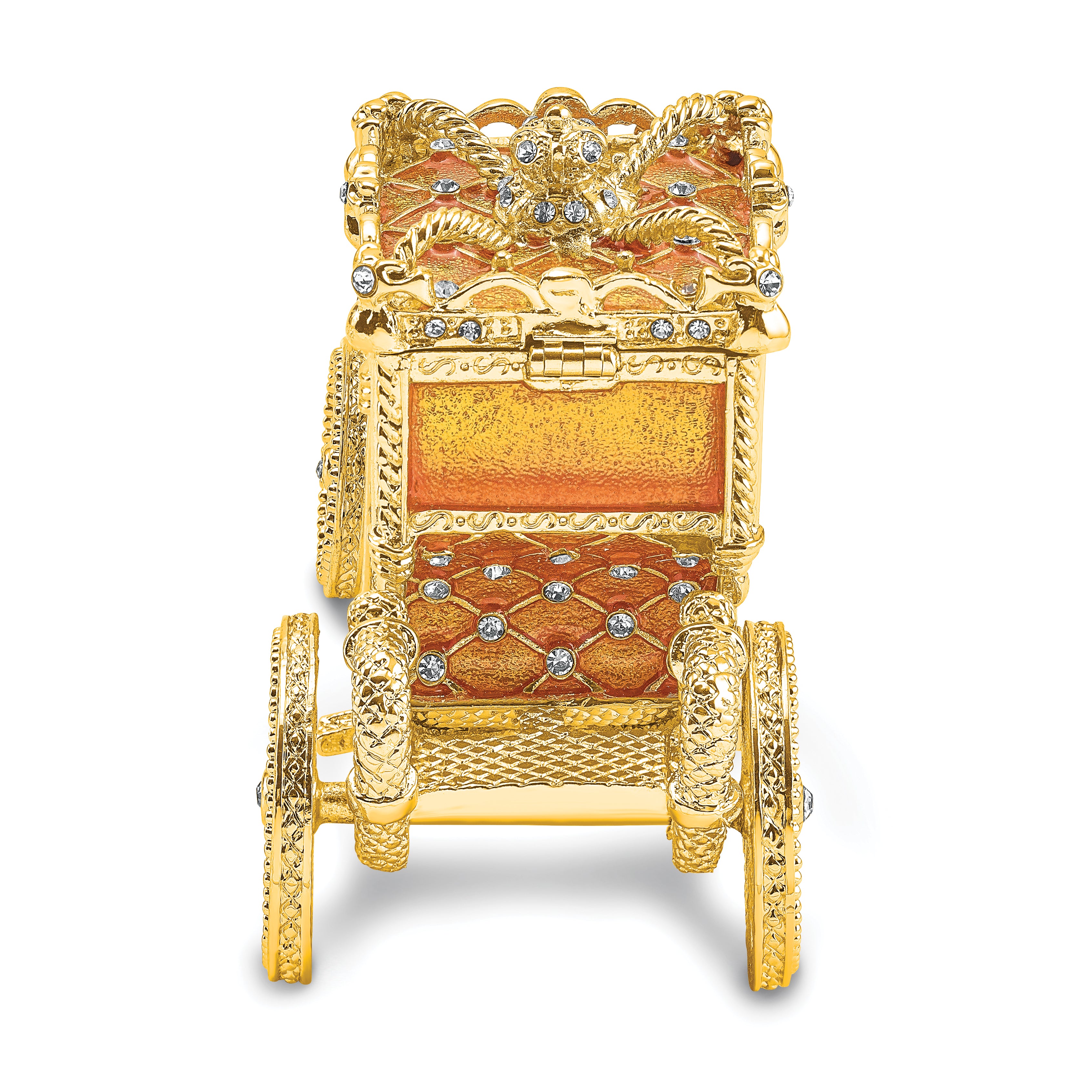 Luxury Giftware by Jere Pewter Bejeweled Crystals Gold-tone Enameled IMPERIAL Golden Carriage With Ring Pad Trinket Box with Matching 18 Inch Necklace