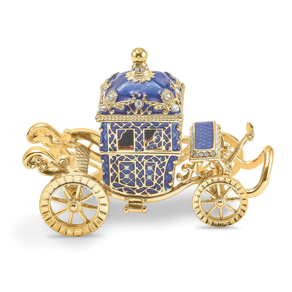 Luxury Giftware Pewter Bejeweled Crystals Gold-tone Enameled ROYAL BLUE Carriage With Ring Pad Trinket Box with Matching 18 Inch Necklace