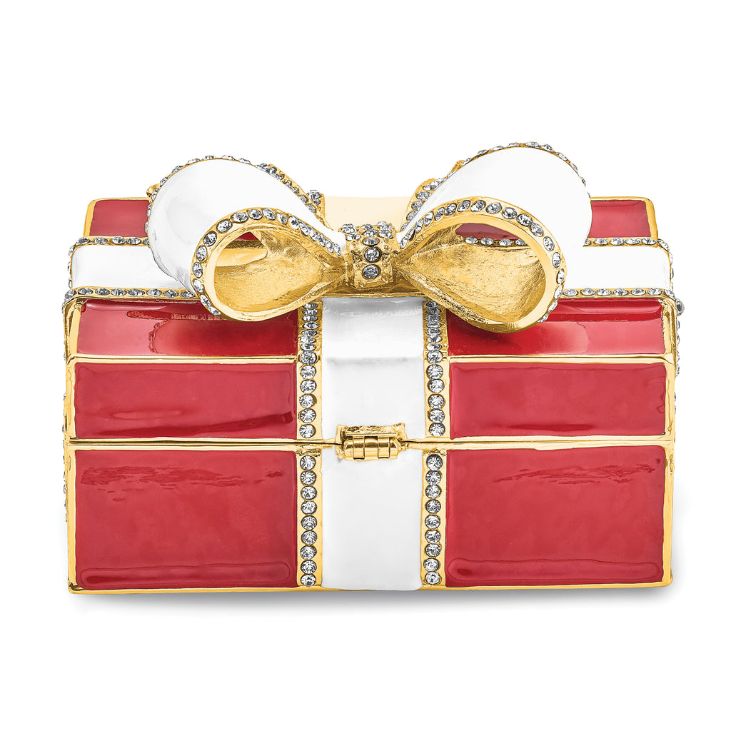 Luxury Giftware by Jere Pewter Bejeweled Crystals Gold-tone Enameled DESIRE Red Gift Box With Ring Pad Trinket Box with Matching 18 Inch Necklace