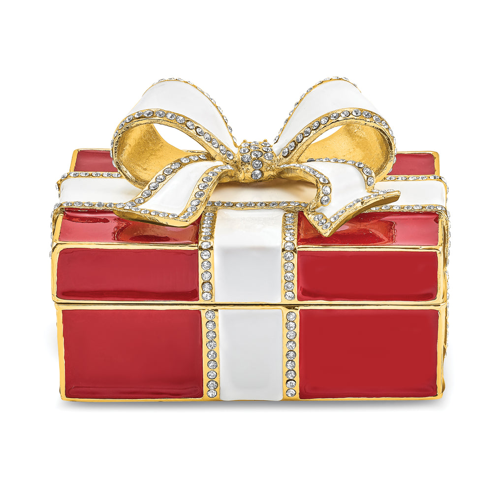 Luxury Giftware by Jere Pewter Bejeweled Crystals Gold-tone Enameled DESIRE Red Gift Box With Ring Pad Trinket Box with Matching 18 Inch Necklace
