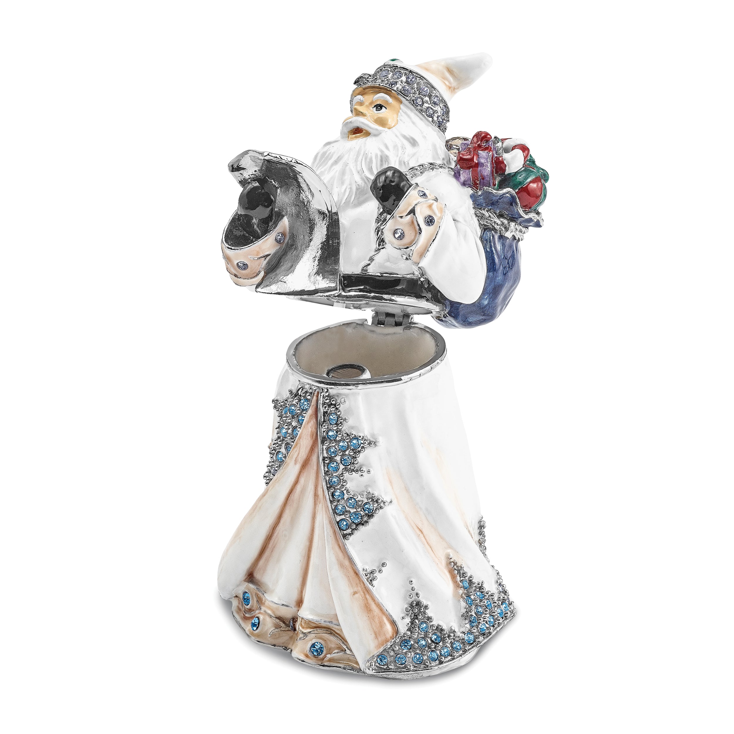 Luxury Giftware by Jere Bejeweled Crystals Siver-tone Enameled ST. NICHOLAS SINTERKLAAS White Santa Trinket Box with Matching 18 Inch Necklace