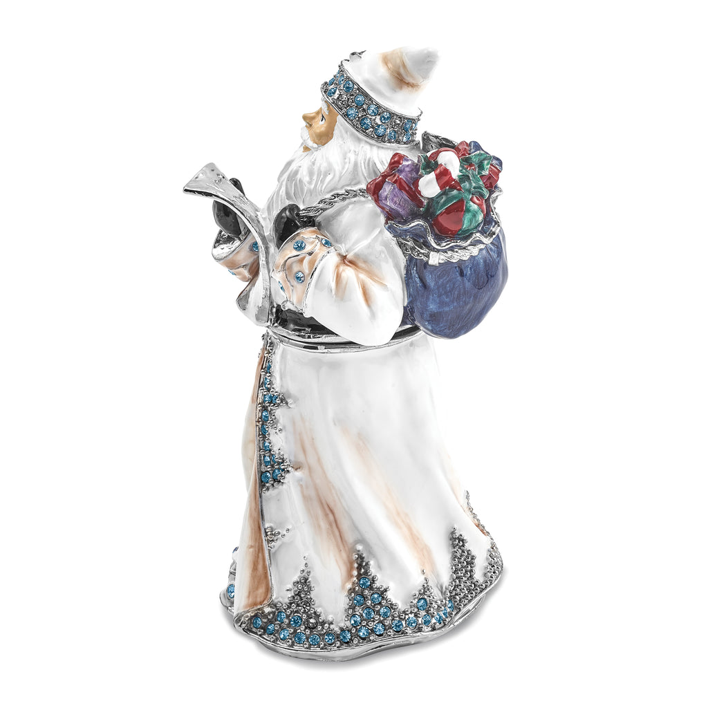 Luxury Giftware by Jere Bejeweled Crystals Siver-tone Enameled ST. NICHOLAS SINTERKLAAS White Santa Trinket Box with Matching 18 Inch Necklace