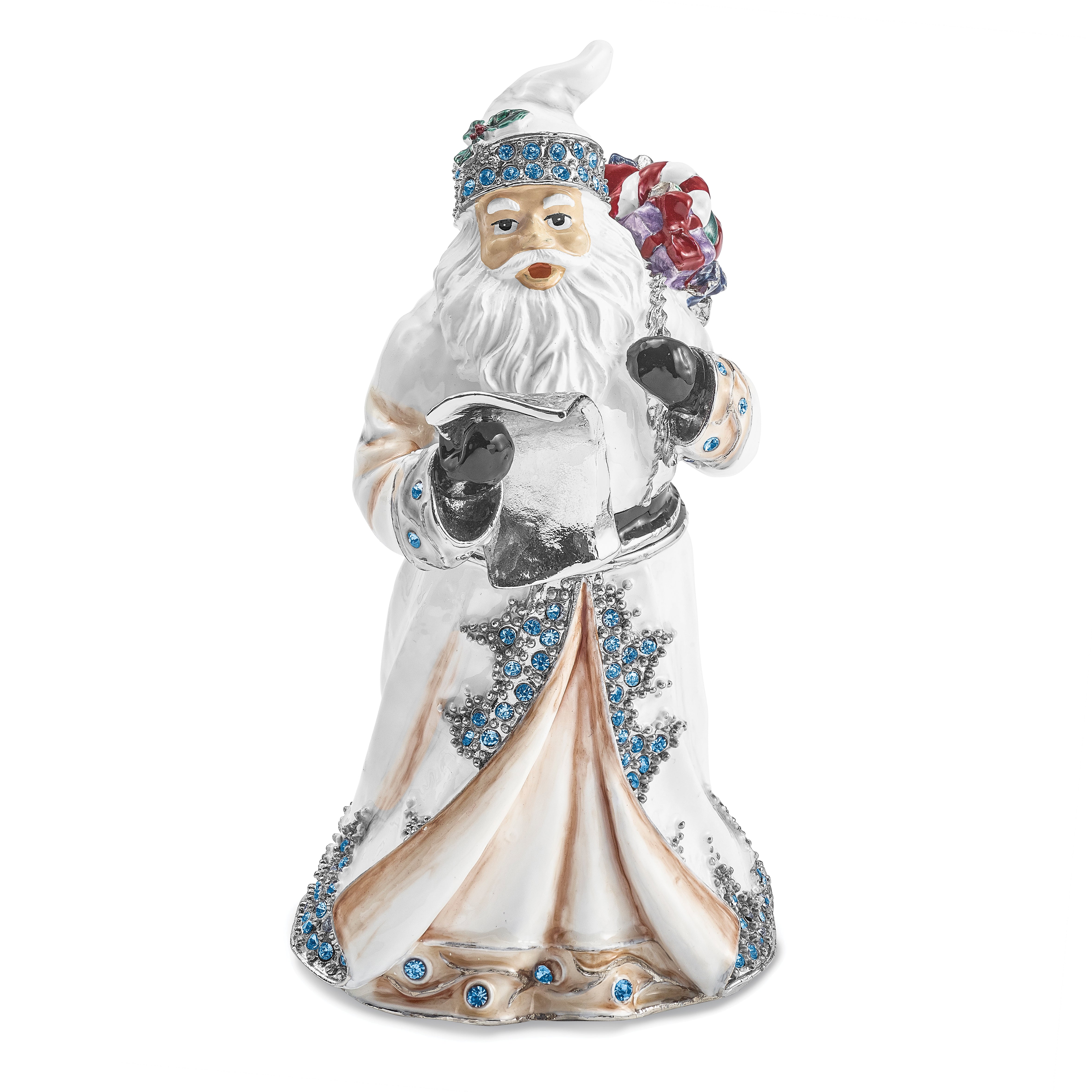 Luxury Giftware by Jere Bejeweled Crystals Siver-tone Enameled ST. NICHOLAS SINTERKLAAS White Santa Trinket Box with Matching 18 Inch Necklace