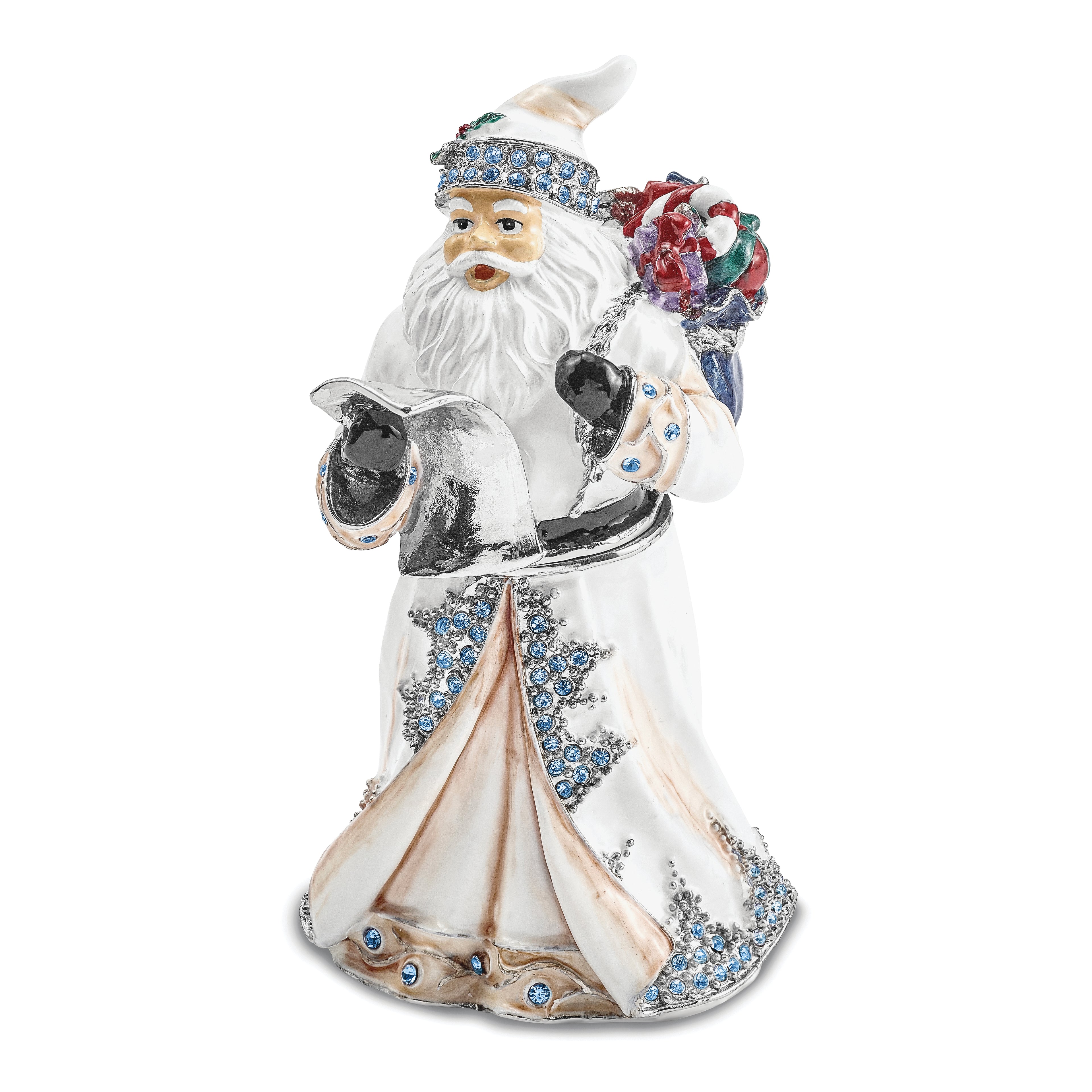 Luxury Giftware by Jere Bejeweled Crystals Siver-tone Enameled ST. NICHOLAS SINTERKLAAS White Santa Trinket Box with Matching 18 Inch Necklace