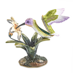 Luxury Giftware by Jere Pewter Bejeweled Crystals Gold-tone Enameled VIOLA Hummingbird & Daylily Trinket Box with Matching 18 Inch Necklace