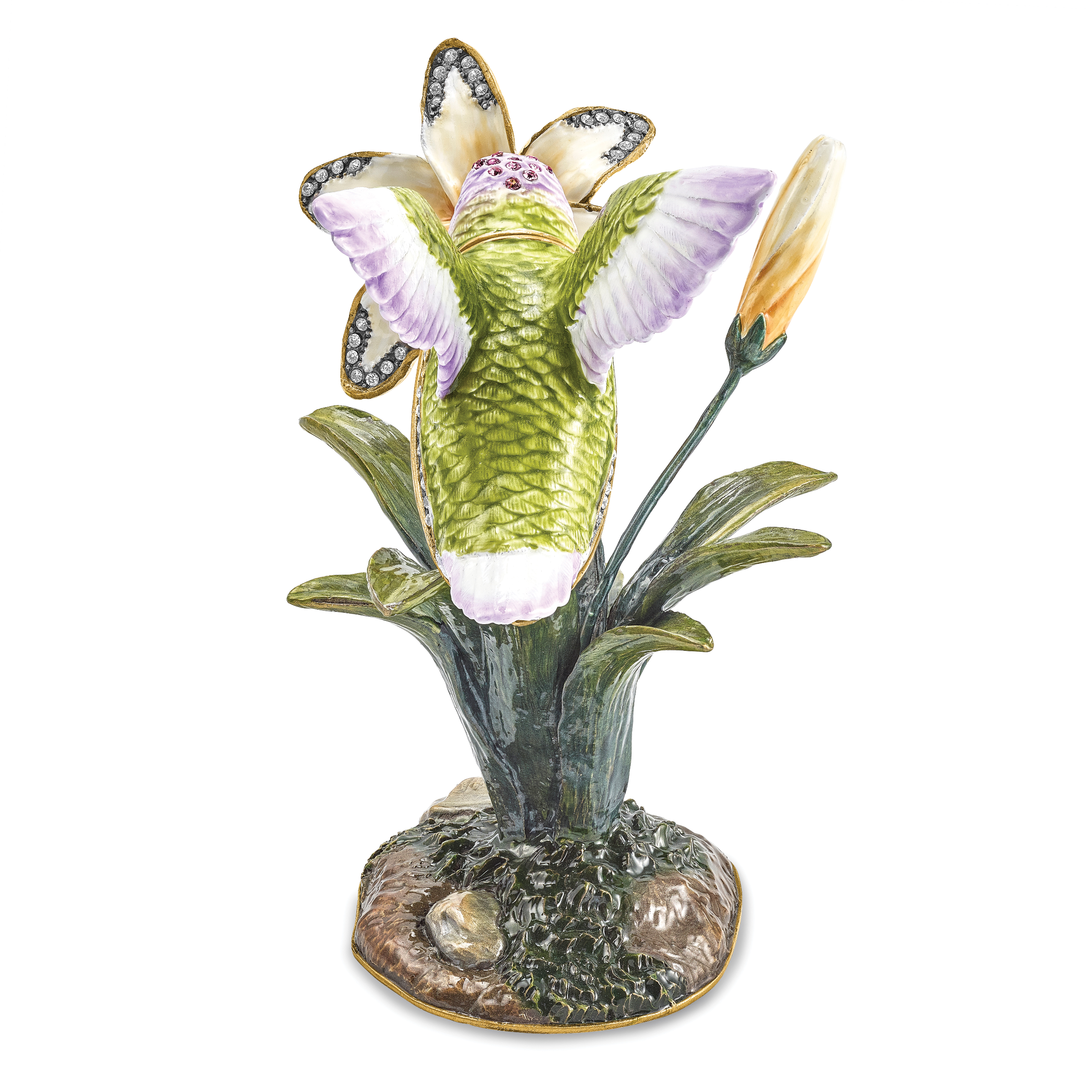 Luxury Giftware by Jere Pewter Bejeweled Crystals Gold-tone Enameled VIOLA Hummingbird & Daylily Trinket Box with Matching 18 Inch Necklace