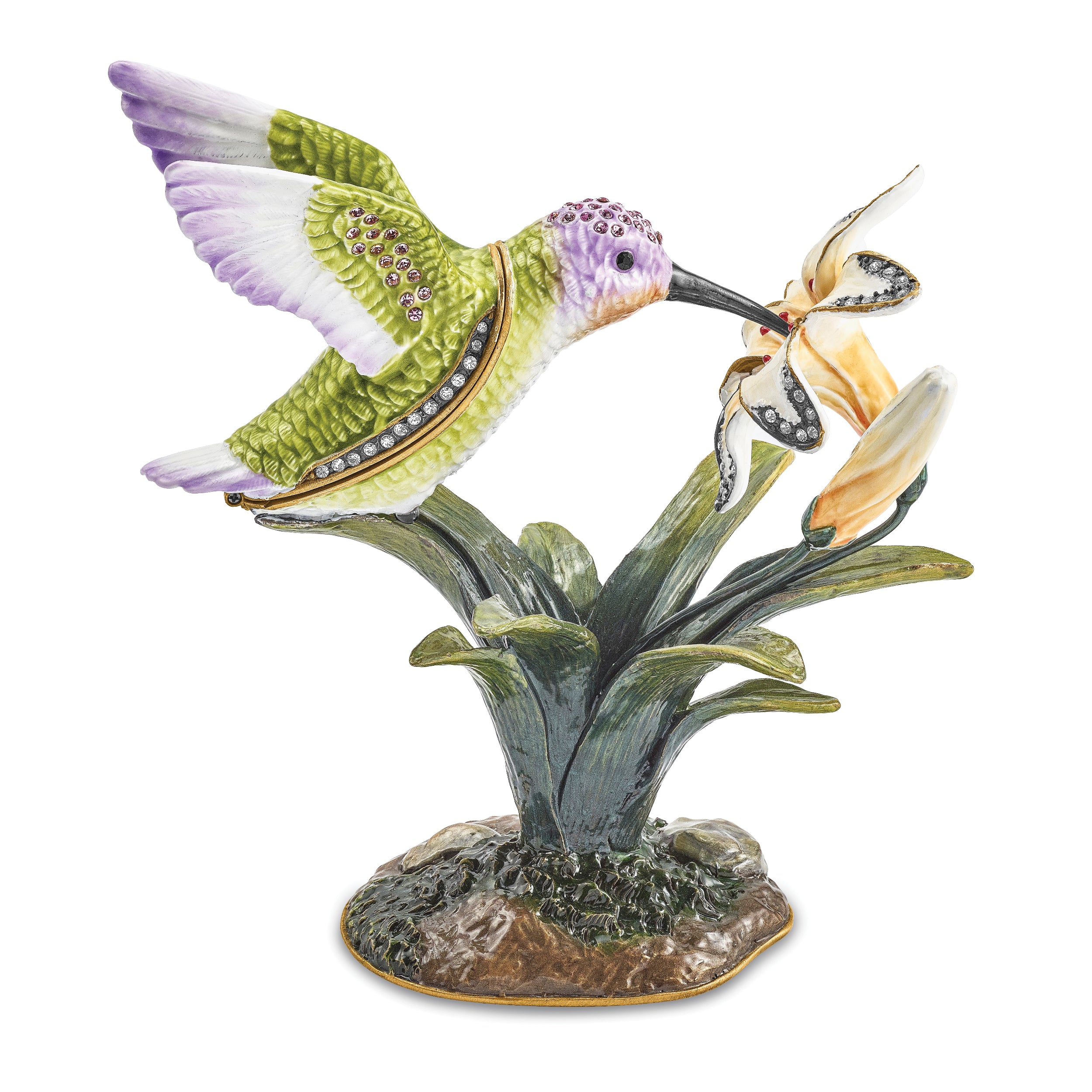 Luxury Giftware by Jere Pewter Bejeweled Crystals Gold-tone Enameled VIOLA Hummingbird & Daylily Trinket Box with Matching 18 Inch Necklace