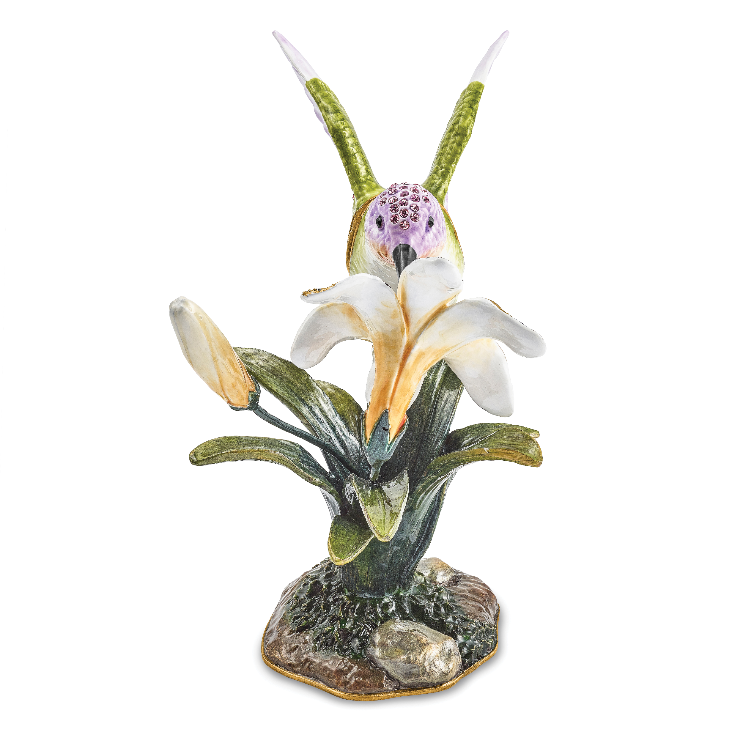 Luxury Giftware by Jere Pewter Bejeweled Crystals Gold-tone Enameled VIOLA Hummingbird & Daylily Trinket Box with Matching 18 Inch Necklace