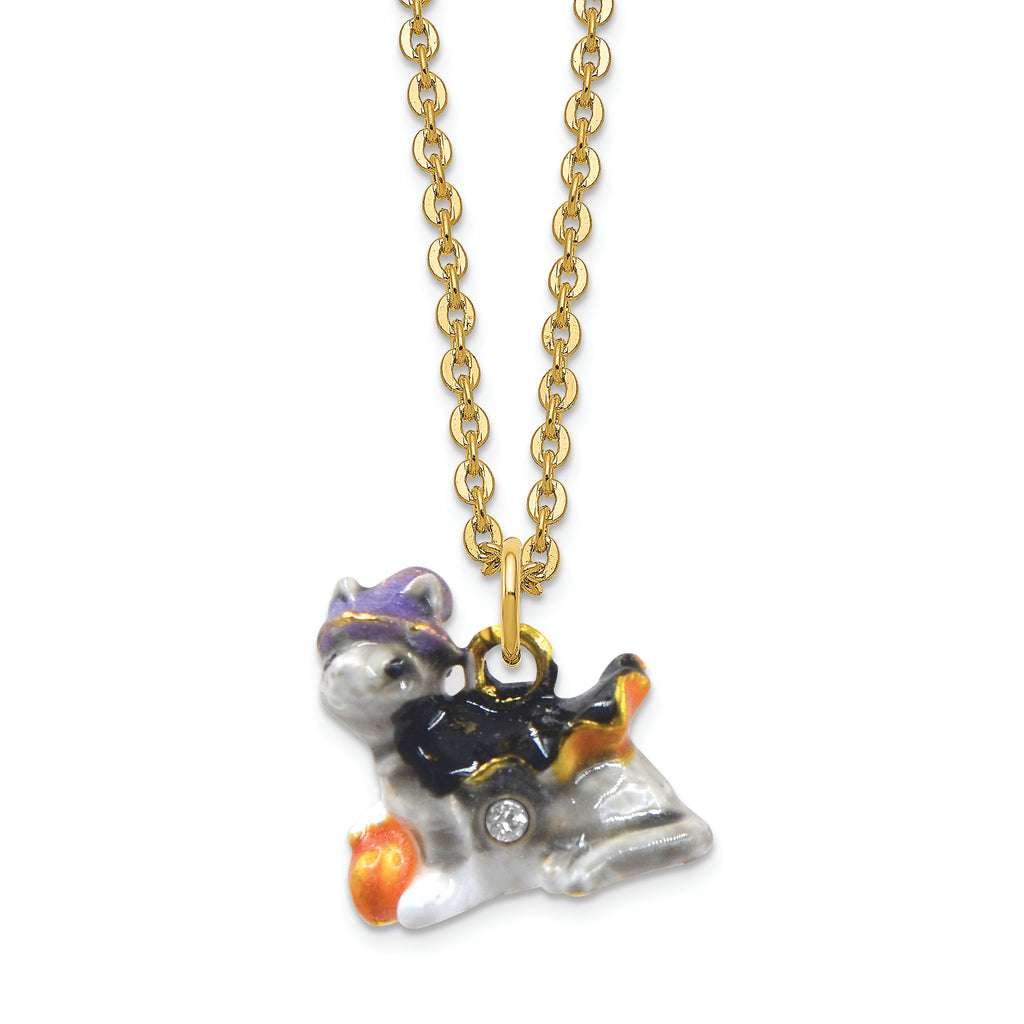 Luxury Giftware by Jere Bejeweled Crystals Gold-tone Enameled SERENA Halloween Cat Trinket Box with Matching 18 Inch Necklace