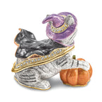 Luxury Giftware by Jere Bejeweled Crystals Gold-tone Enameled SERENA Halloween Cat Trinket Box with Matching 18 Inch Necklace