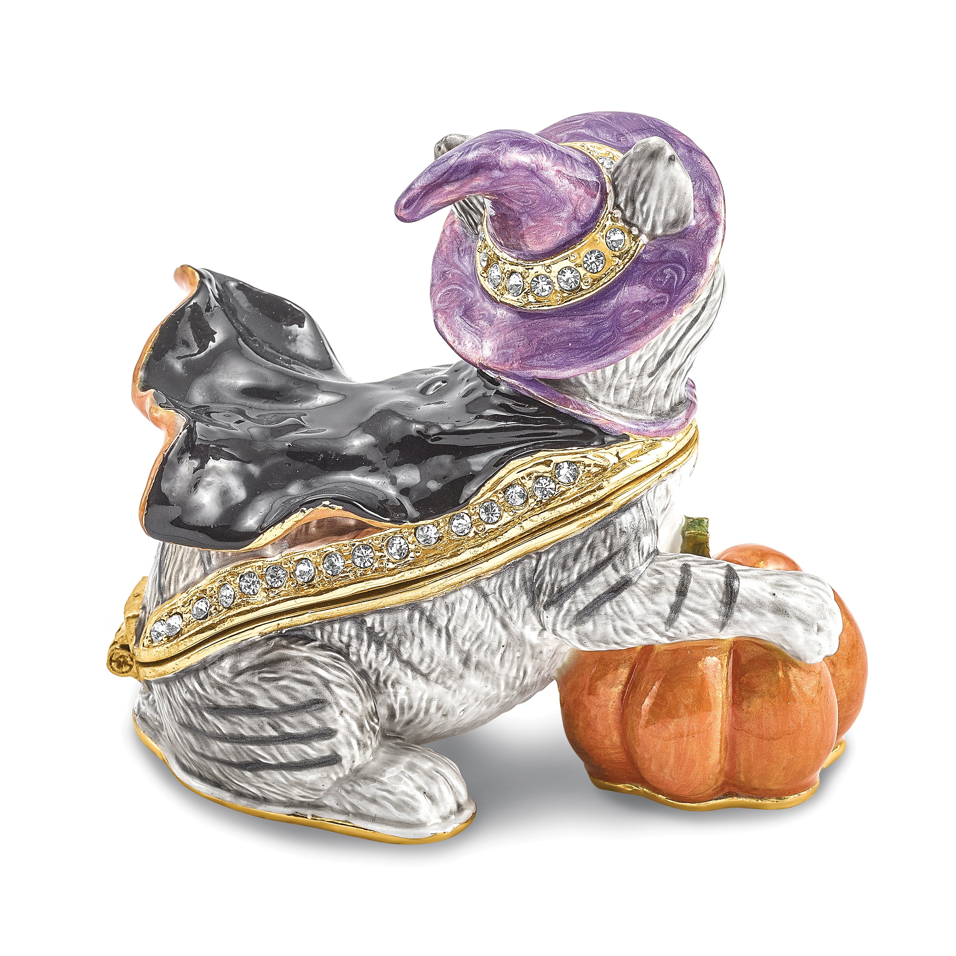 Luxury Giftware by Jere Bejeweled Crystals Gold-tone Enameled SERENA Halloween Cat Trinket Box with Matching 18 Inch Necklace