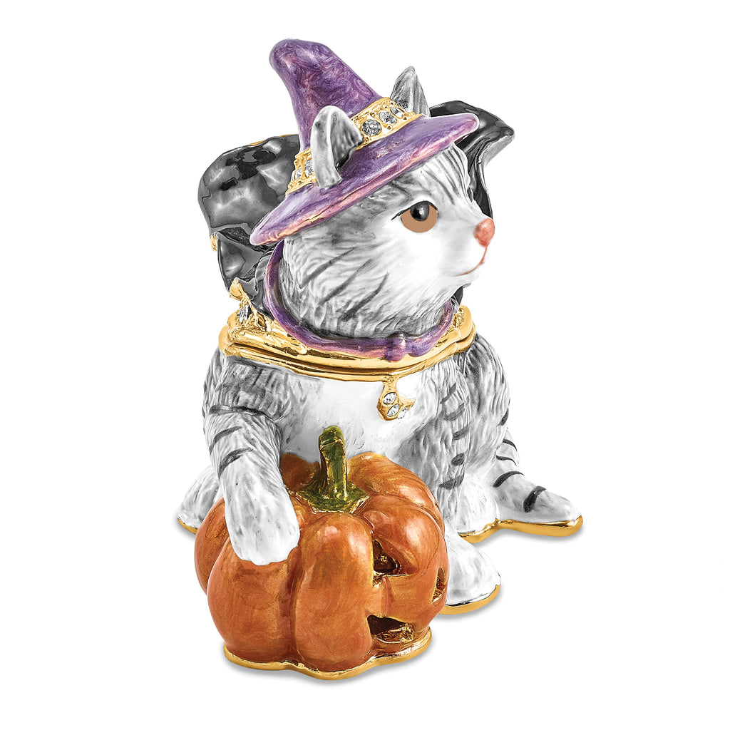 Luxury Giftware by Jere Bejeweled Crystals Gold-tone Enameled SERENA Halloween Cat Trinket Box with Matching 18 Inch Necklace