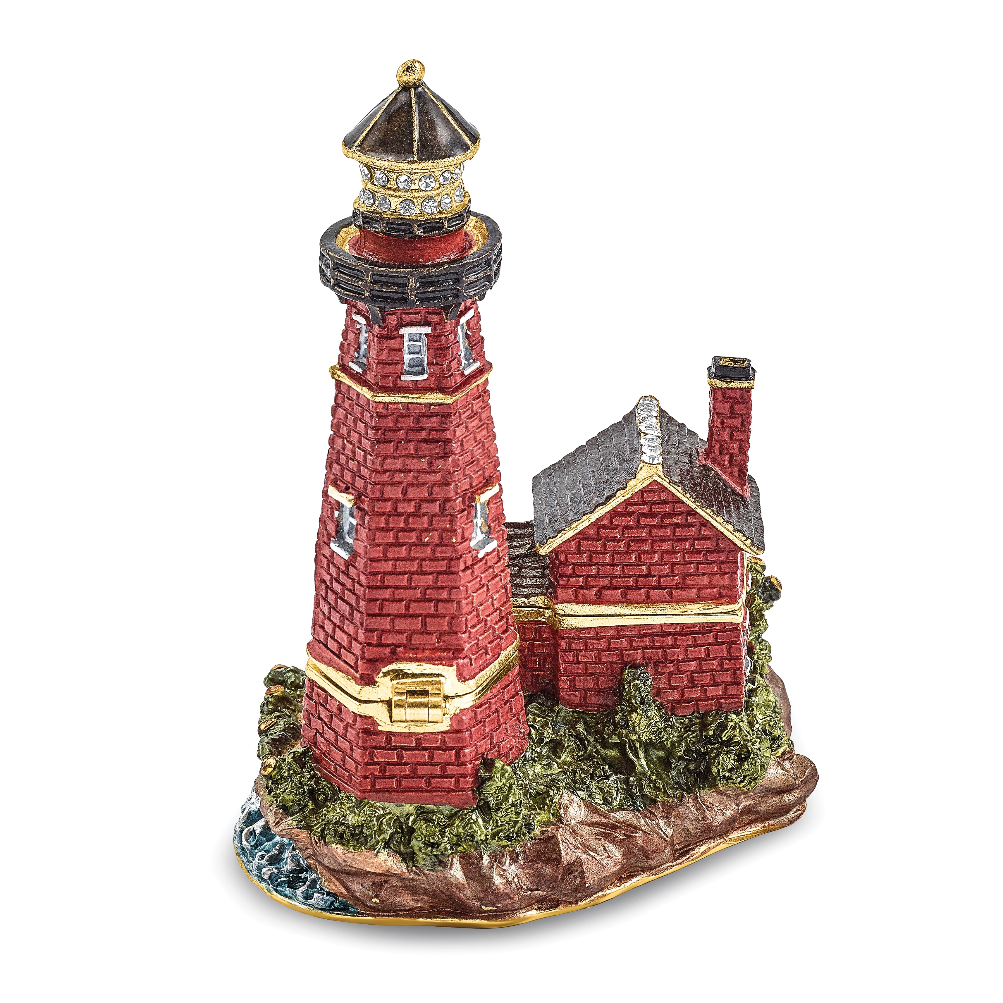 Luxury Giftware Pewter Bejeweled Crystals Gold-tone Enameled BEACON Red Brick Lighthouse Trinket Box with Matching 18 Inch Necklace