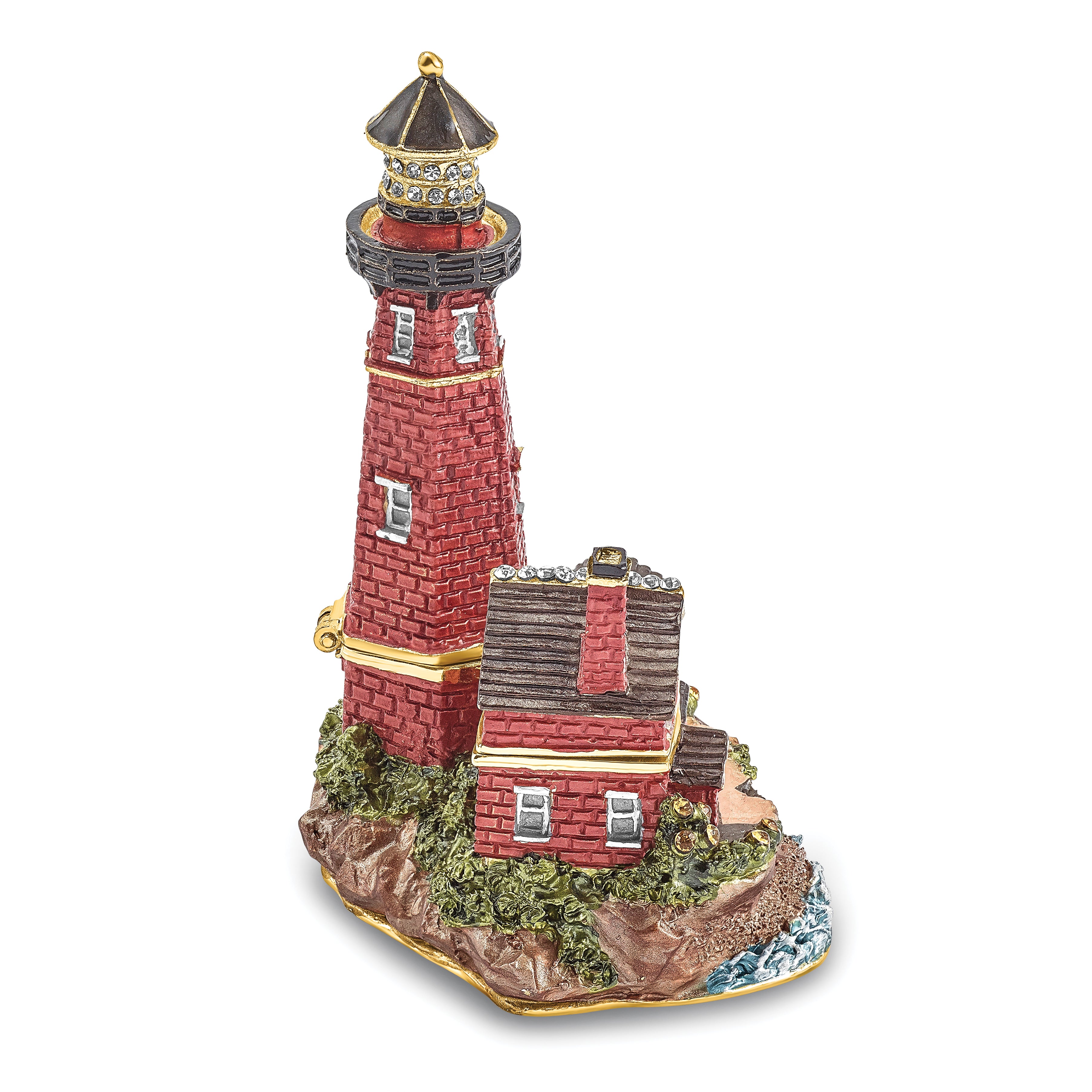 Luxury Giftware Pewter Bejeweled Crystals Gold-tone Enameled BEACON Red Brick Lighthouse Trinket Box with Matching 18 Inch Necklace
