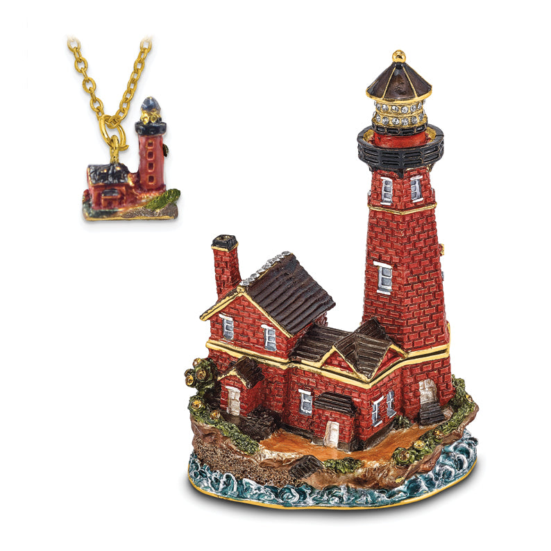 Luxury Giftware Pewter Bejeweled Crystals Gold-tone Enameled BEACON Red Brick Lighthouse Trinket Box with Matching 18 Inch Necklace