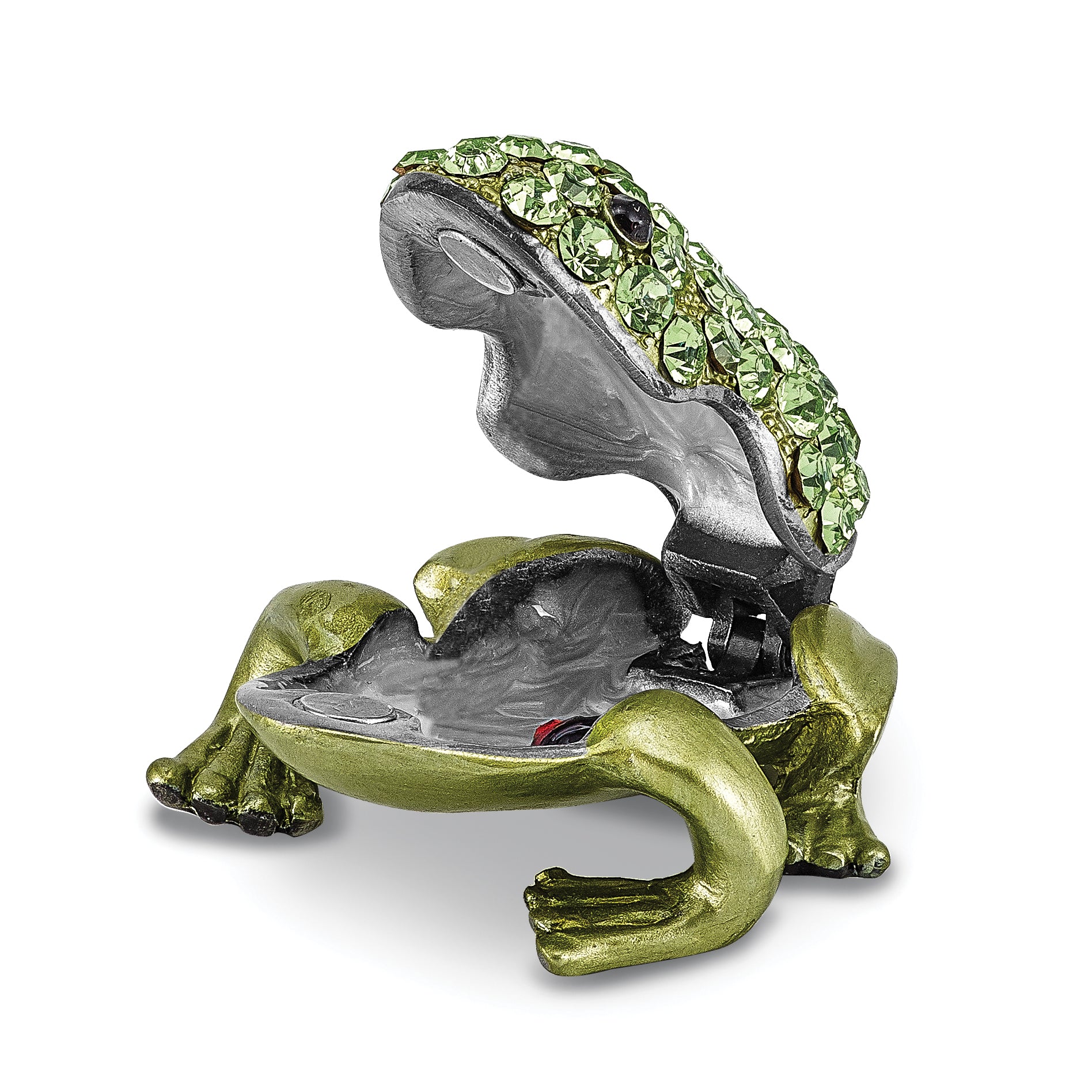 Luxury Giftware by Jere Pewter Bejeweled Crystals Silver-tone Enameled HOPPER Small Green Frog Trinket Box with Matching 18 Inch Necklace