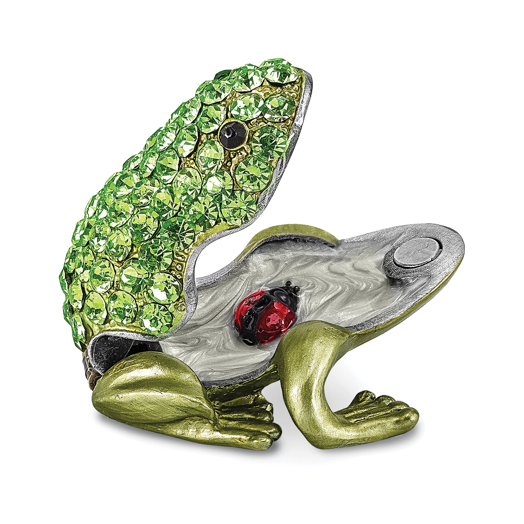 Luxury Giftware by Jere Pewter Bejeweled Crystals Silver-tone Enameled HOPPER Small Green Frog Trinket Box with Matching 18 Inch Necklace