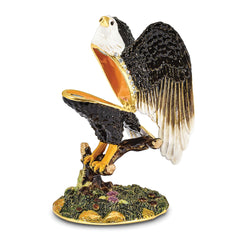 Luxury Giftware by Jere Pewter Bejeweled Crystals Gold-tone Enameled LIBERTY Bald Eagle Trinket Box with Matching 18 Inch Necklace