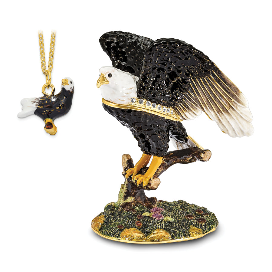 Luxury Giftware by Jere Pewter Bejeweled Crystals Gold-tone Enameled LIBERTY Bald Eagle Trinket Box with Matching 18 Inch Necklace