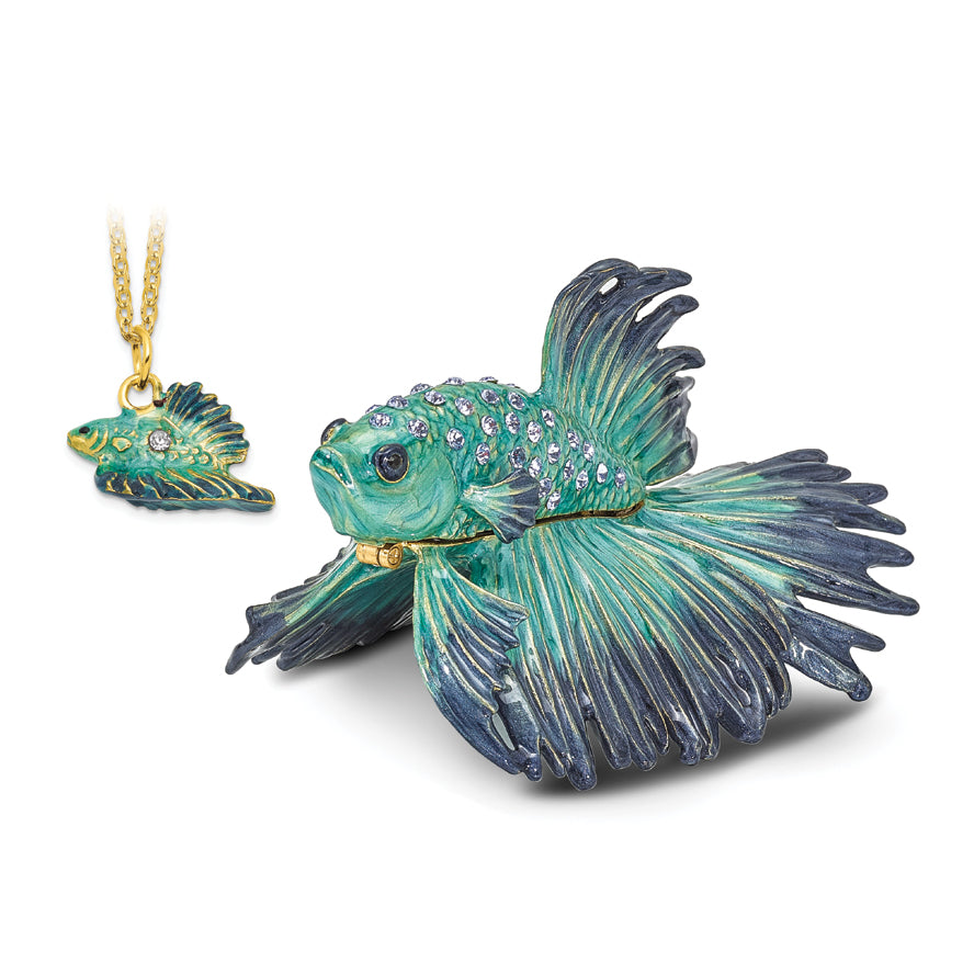 Luxury Giftware by Jere Pewter Bejeweled Crystals Gold-tone Enameled SY Betta Fish Trinket Box with Matching 18 Inch Necklace
