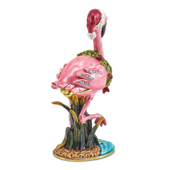 Luxury Giftware by Jere Pewter Bejeweled Crystals Gold-tone Enameled LEFTY Holiday Flamingo Trinket Box with Matching 18 Inch Necklace