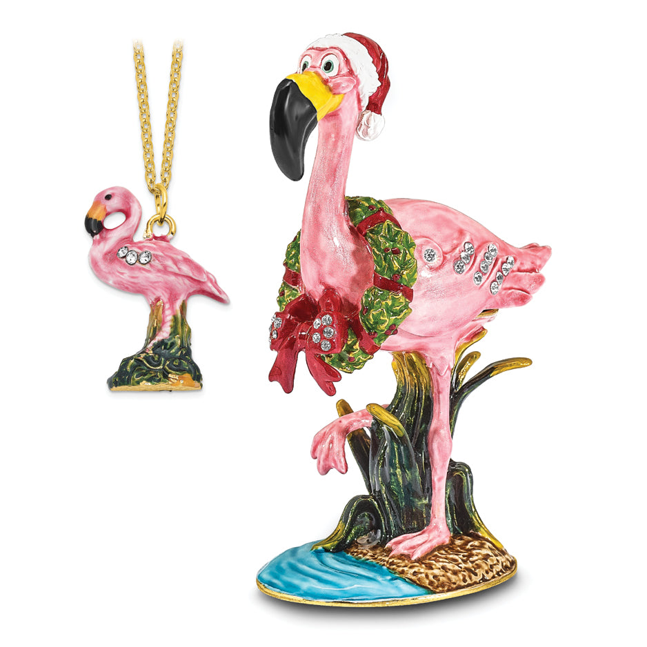 Luxury Giftware by Jere Pewter Bejeweled Crystals Gold-tone Enameled LEFTY Holiday Flamingo Trinket Box with Matching 18 Inch Necklace