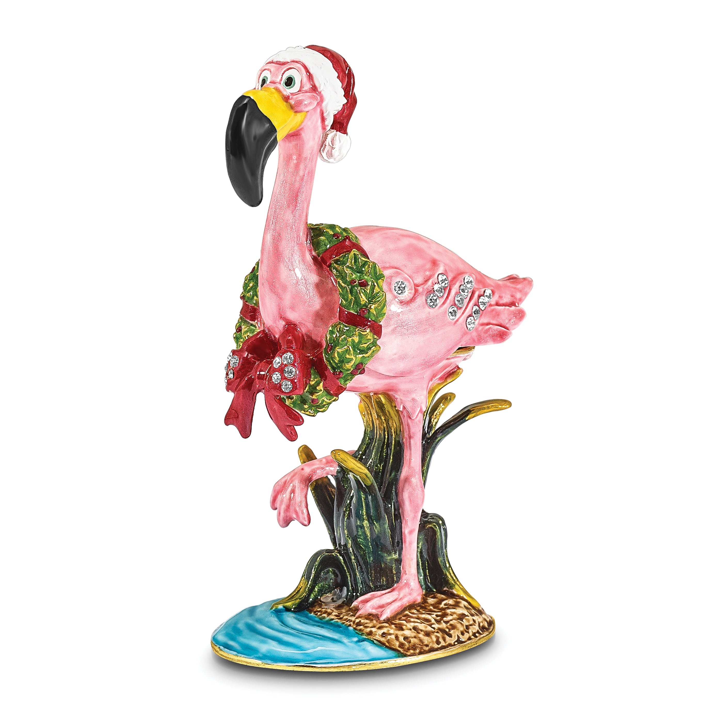 Luxury Giftware by Jere Pewter Bejeweled Crystals Gold-tone Enameled LEFTY Holiday Flamingo Trinket Box with Matching 18 Inch Necklace