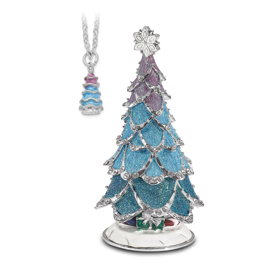 Luxury Giftware by Jere Bejeweled Crystals Silver-tone Enameled ARCTIC BLUE Christmas Tree Trinket Box with Matching 18 Inch Necklace