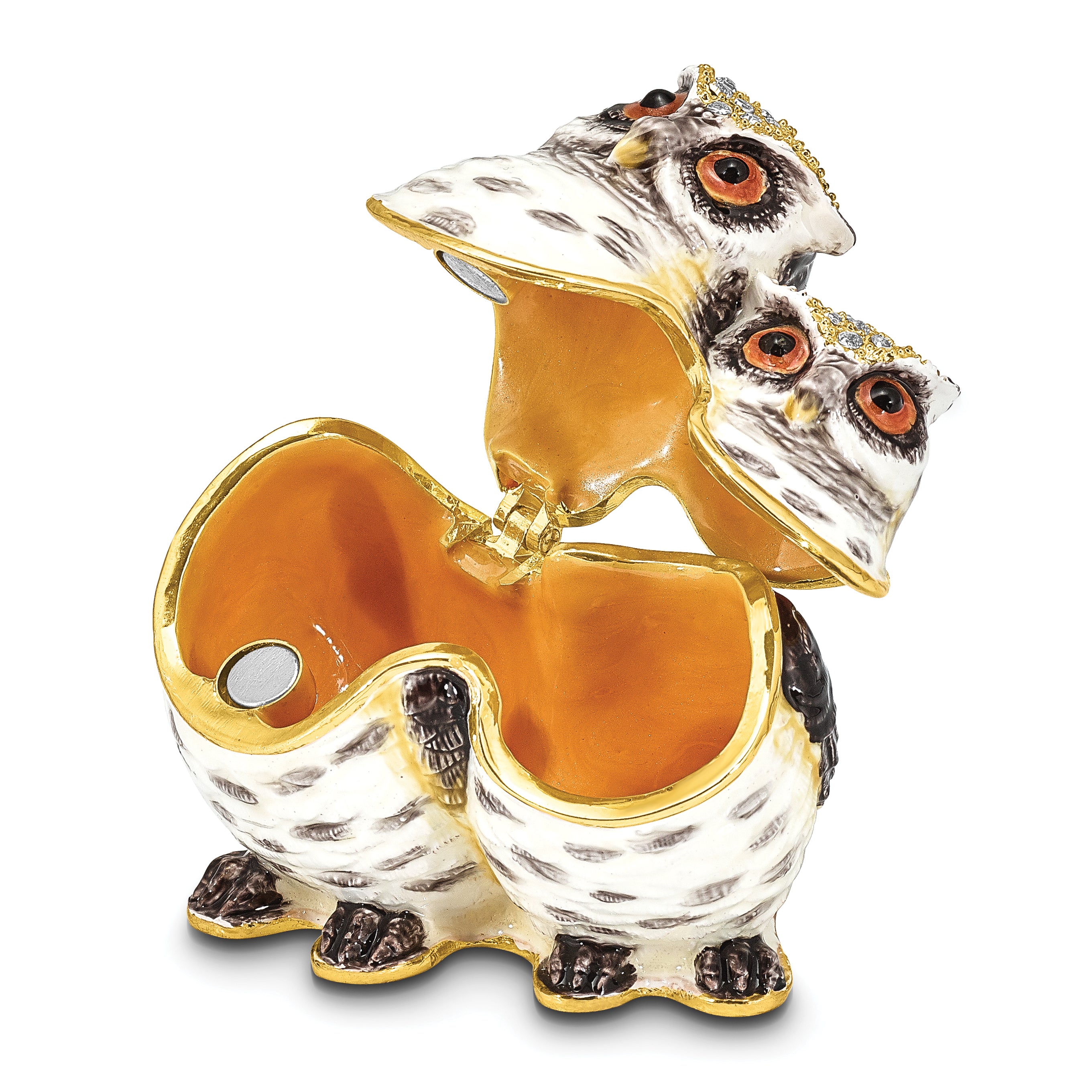 Luxury Giftware by Jere Pewter Bejeweled Crystals Gold-tone Enameled OLGA and OMAR Mother and Baby Owl Trinket Box with Matching 18 Inch Necklace