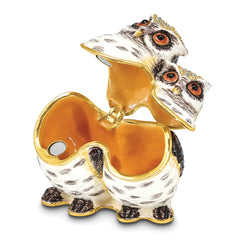 Luxury Giftware by Jere Pewter Bejeweled Crystals Gold-tone Enameled OLGA and OMAR Mother and Baby Owl Trinket Box with Matching 18 Inch Necklace