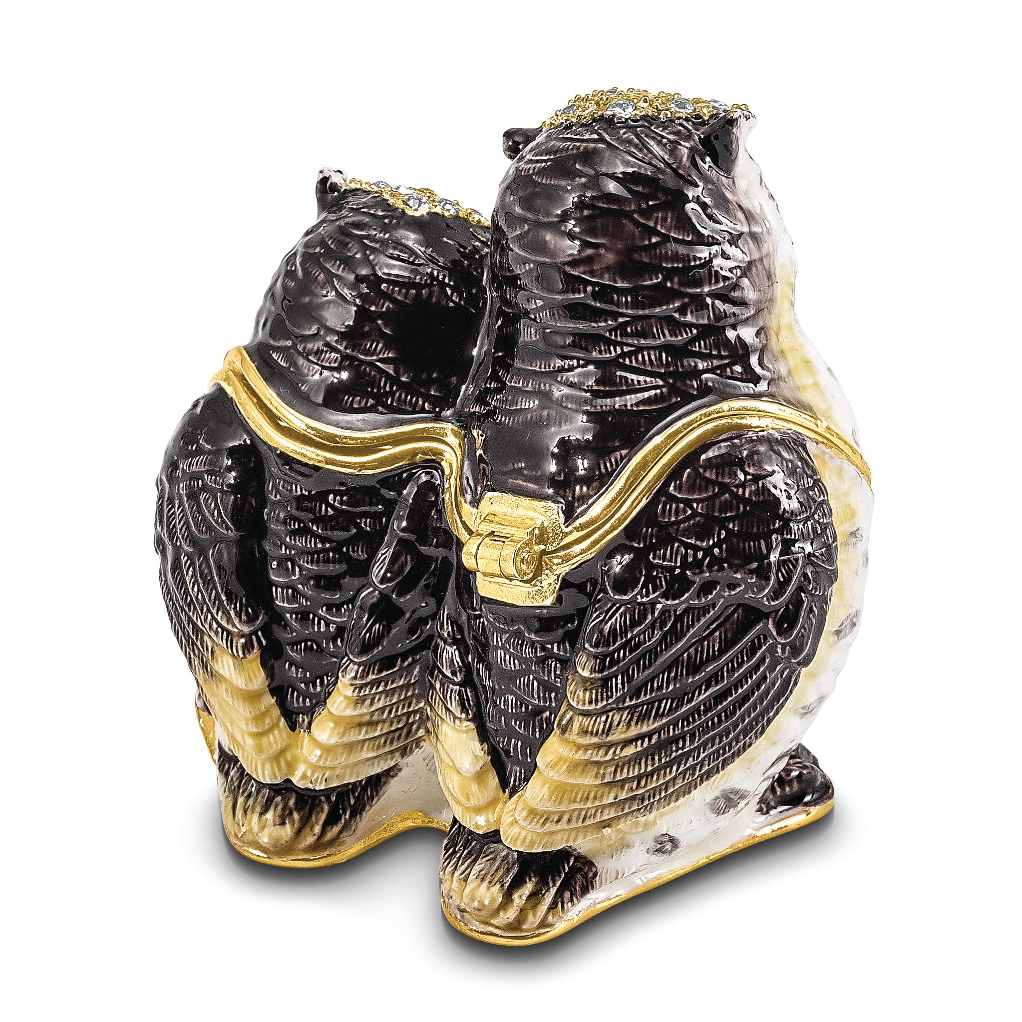 Luxury Giftware by Jere Pewter Bejeweled Crystals Gold-tone Enameled OLGA and OMAR Mother and Baby Owl Trinket Box with Matching 18 Inch Necklace
