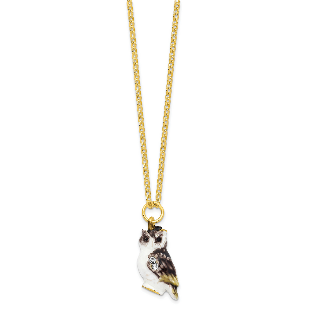 Luxury Giftware by Jere Pewter Bejeweled Crystals Gold-tone Enameled OLGA and OMAR Mother and Baby Owl Trinket Box with Matching 18 Inch Necklace