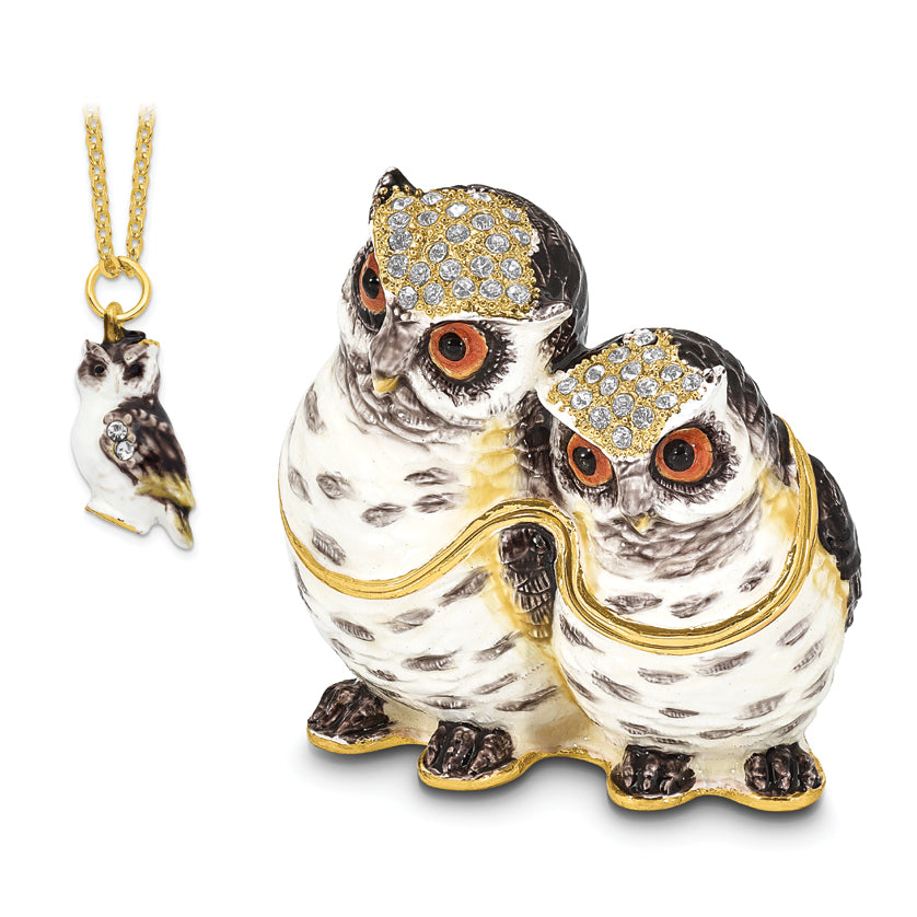 Luxury Giftware by Jere Pewter Bejeweled Crystals Gold-tone Enameled OLGA and OMAR Mother and Baby Owl Trinket Box with Matching 18 Inch Necklace