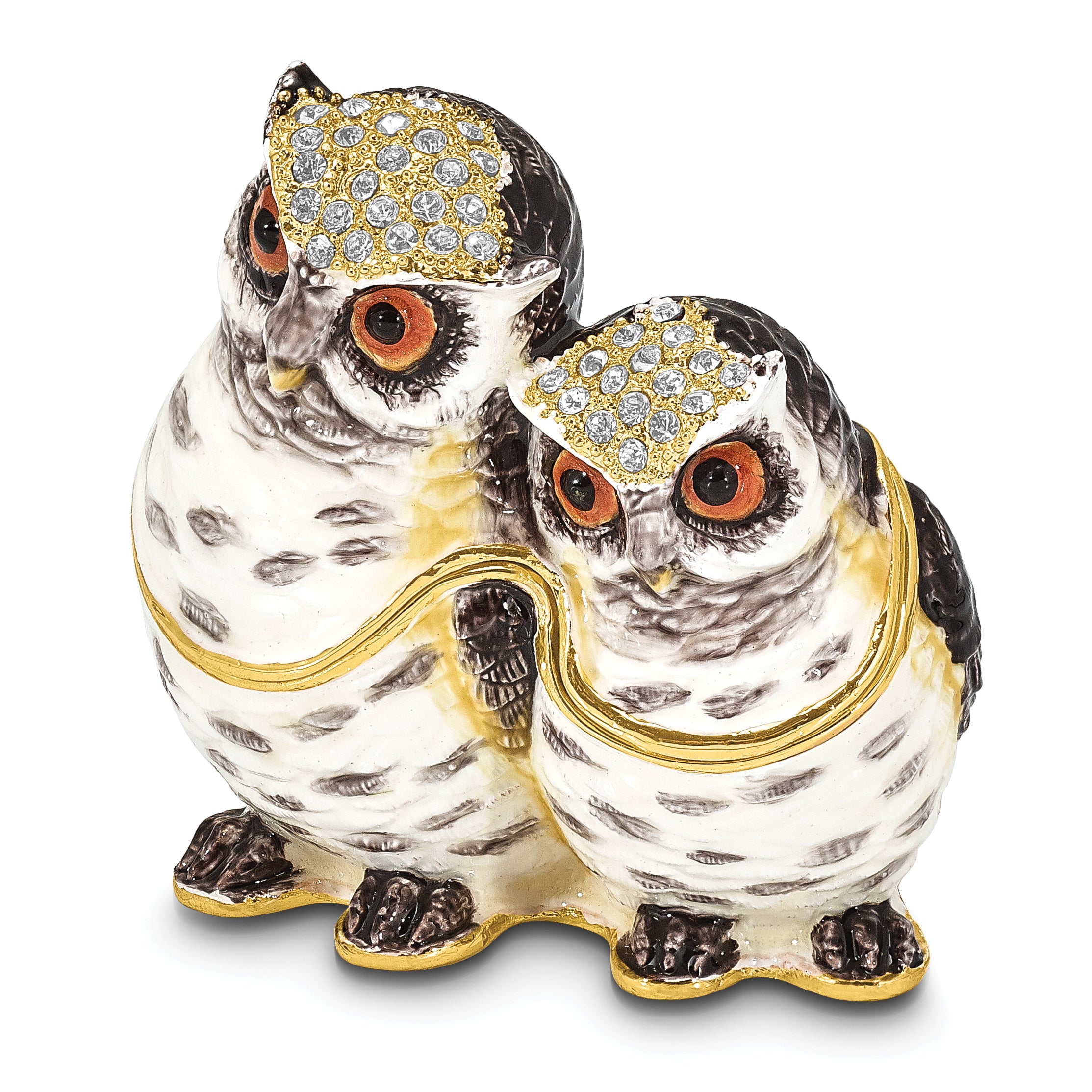 Luxury Giftware by Jere Pewter Bejeweled Crystals Gold-tone Enameled OLGA and OMAR Mother and Baby Owl Trinket Box with Matching 18 Inch Necklace