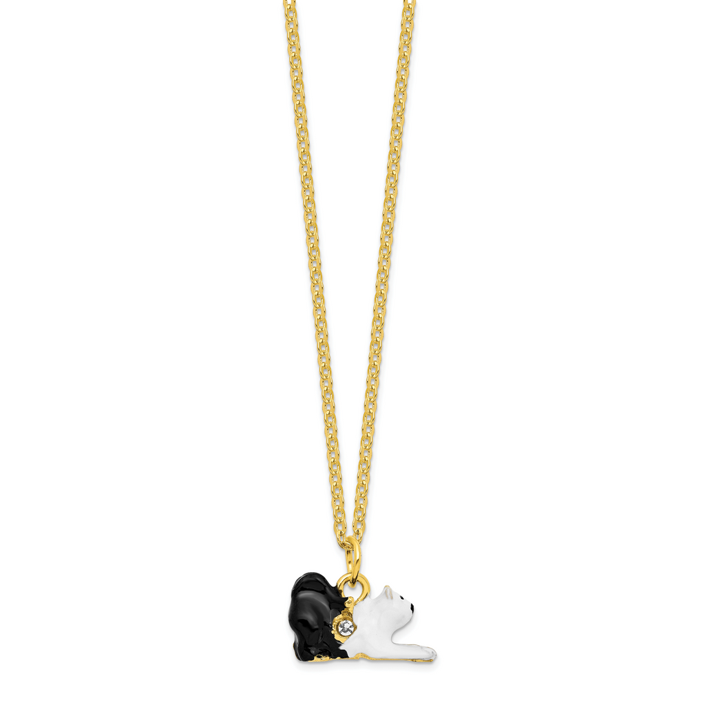 Luxury Giftware by Jere Pewter Bejeweled Crystals Gold-tone Enameled SLEEPY Stretching Black and White Cat Trinket Box with Matching 18 Inch Necklace