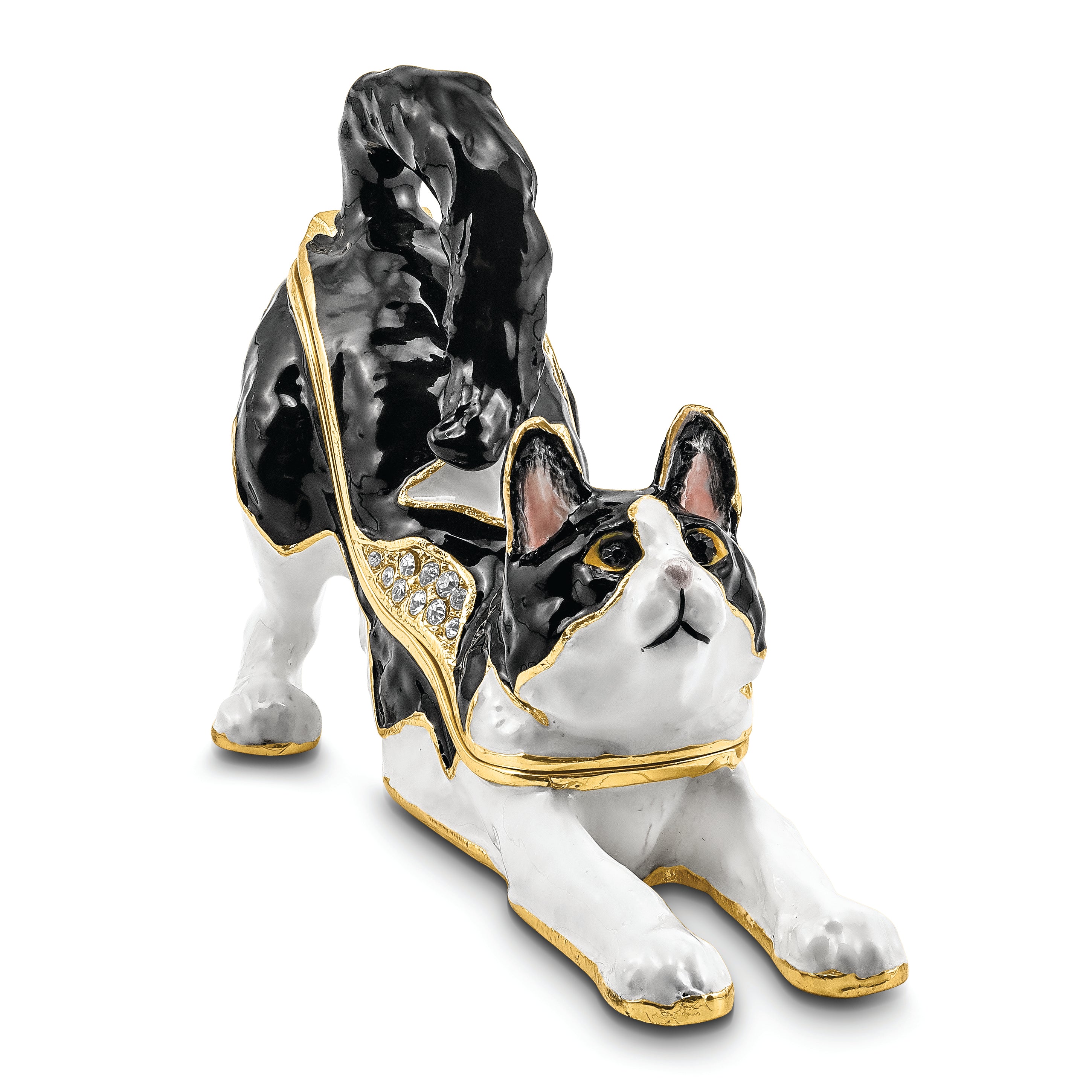 Luxury Giftware by Jere Pewter Bejeweled Crystals Gold-tone Enameled SLEEPY Stretching Black and White Cat Trinket Box with Matching 18 Inch Necklace
