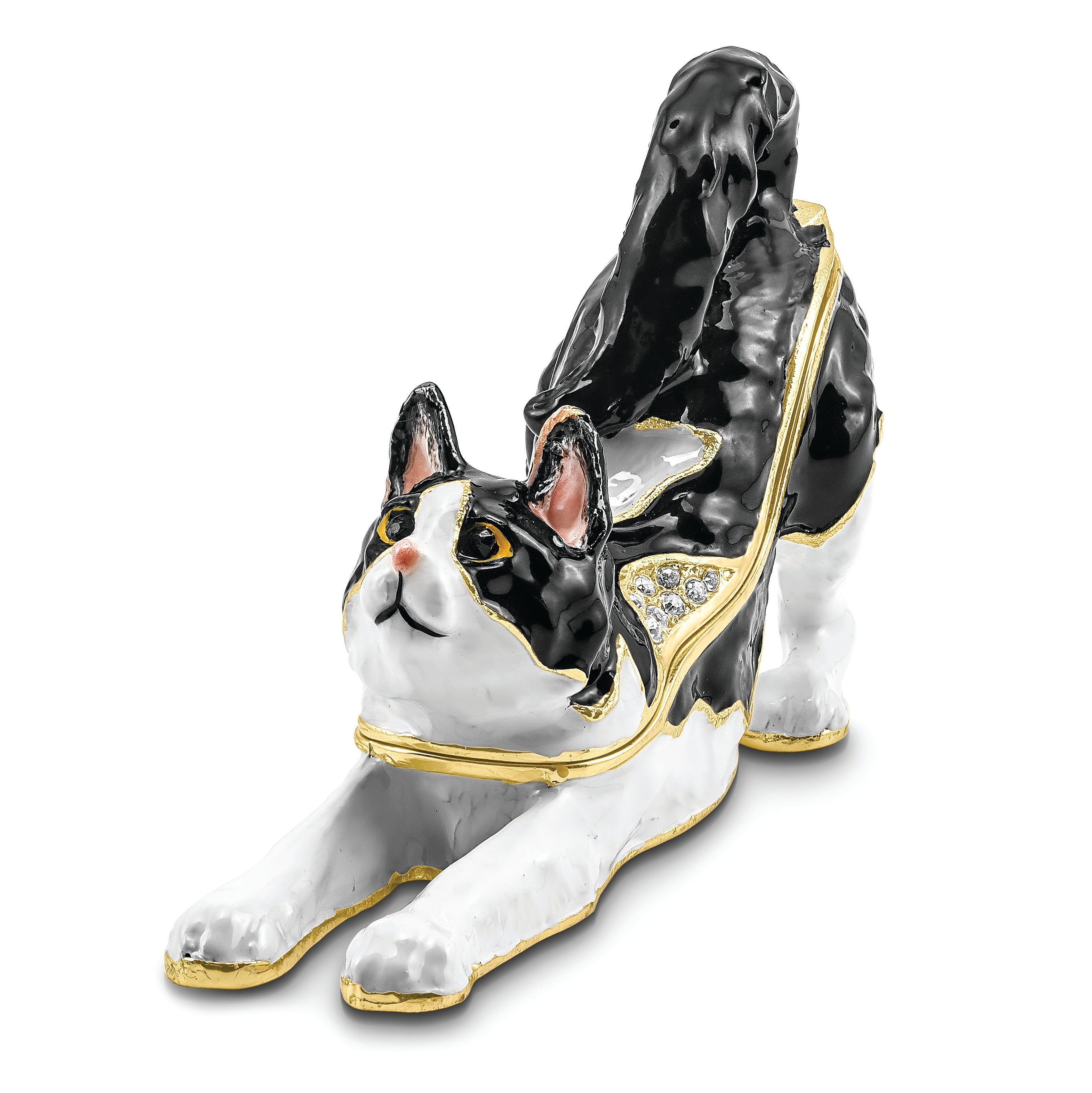 Luxury Giftware by Jere Pewter Bejeweled Crystals Gold-tone Enameled SLEEPY Stretching Black and White Cat Trinket Box with Matching 18 Inch Necklace