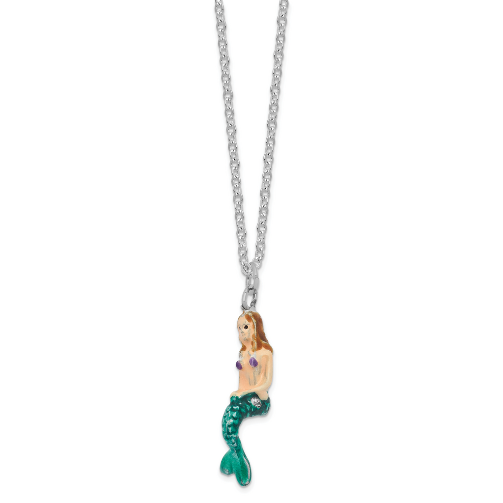 Luxury Giftware by Jere Pewter Bejeweled Crystals Silver-tone Enameled ADELLA Mermaid with Seahorse Trinket Box with Matching 18 Inch Necklace